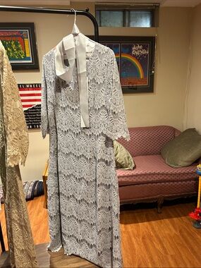Dainty Jewells Light Gray Lace Midi Dress with Neck Tie